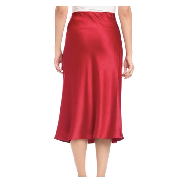 Karen Kane Lipstick Red Satin Bias Slip Midi Skirt Cocktail - Picture 2 of 13